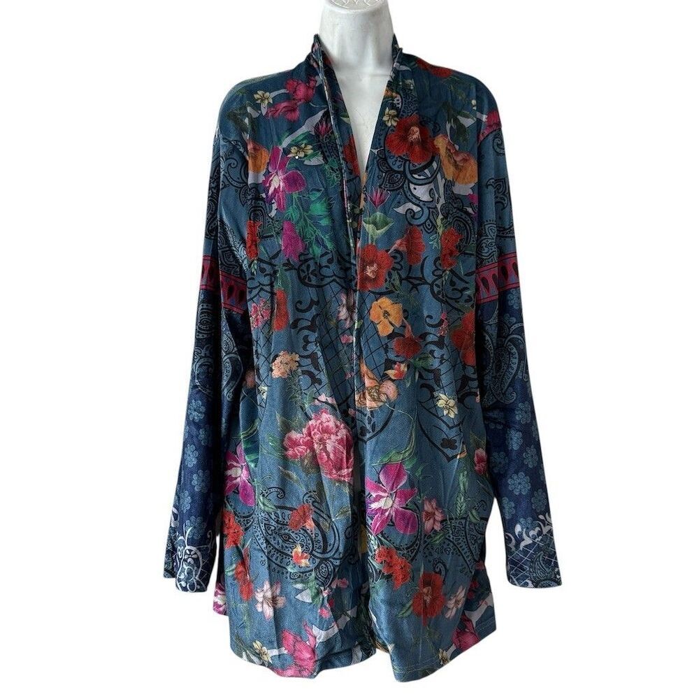 Misslook Duster Jacket L Blue Floral Paisley Open Front boho-chic Versatile